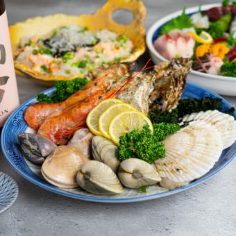 【F-海の恵みを豪快に。貝の浜焼きBBQプラン】全7品＋3時間飲み放題7,980円