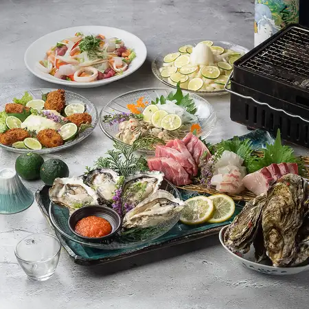 【-牡蠣満喫plan-】全7品＋2時間飲み放題5,500円｜生牡蠣・豪快浜焼き・大粒カキフライを堪能