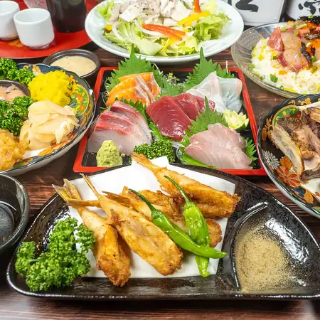 【Dコース-3時間-地酒飲み放題忘年会】子ふぐ唐揚げと鮮魚5種盛りに地酒含む飲み放題付き
