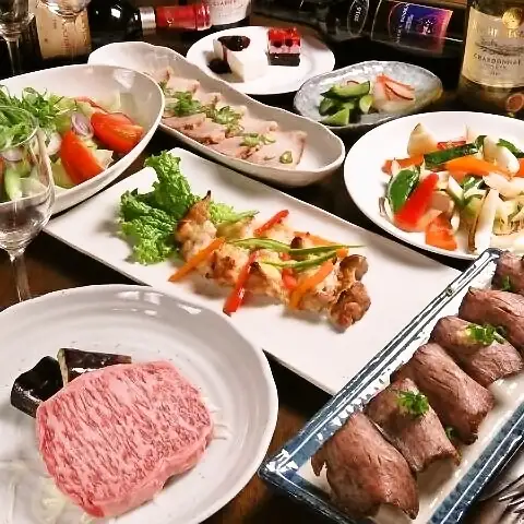 【仙台牛コース】仙台牛の炙り寿司やプルコギ、ローストビーフ等8品+2時間飲み放題付き 7000円