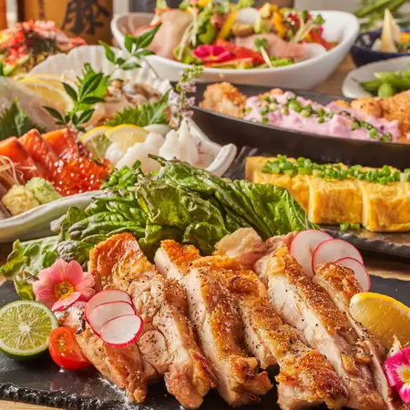 【雅コース】おすすめ◎メイン料理はパリパリ！若鶏の一枚焼き♪ 2時間飲み放題付き7品3500円