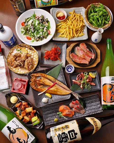 3,000日元（含税），包括生鱼片在内的8道菜和无限畅饮套餐