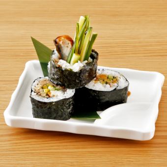 Unakyu roll / Octopus with plum and shiso leaf roll / Negitoro roll / Toro Taku roll / Shrimp tempura roll / Crab stick mayonnaise roll