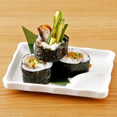 Unakyu roll / Octopus with plum and shiso leaf roll / Negitoro roll / Toro Taku roll / Shrimp tempura roll / Crab stick mayonnaise roll