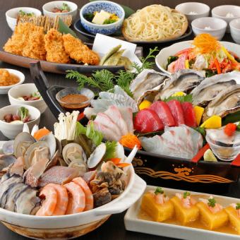 【宝漁コース】生牡蠣入り刺身5種や豪貝海鮮味噌鍋・鮪頬肉カツ等が入った全8品+2H飲放付6000円