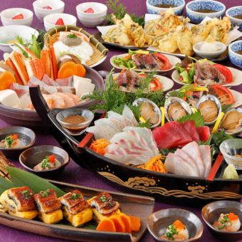【鮮極コース】活鮑入り刺身5種やズワイガニ入り海鮮鍋・天ぷら等が入った全8品+2H飲放付7000円