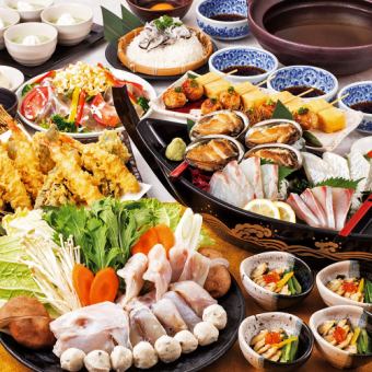 <横断幕特典>【忘年会プレミアム】とらふぐのちり鍋や蒸鮑入り刺身盛等全8品+2H飲放付6500円