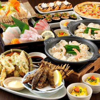 [Seafood Feast Course] 8 dishes including a 3-kind sashimi platter, steamed shrimp wontons, clam and Fukagawa rice rolls, plus 2 hours of all-you-can-drink for 4000 yen.