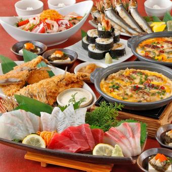 [Uohoshi Course] 8 dishes including eel and egg on a ceramic plate, 4 kinds of sashimi, fried horse mackerel, etc. + 2 hours of all-you-can-drink for 5000 yen