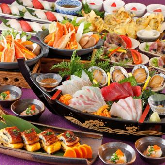 [Freshness Course] 8 dishes including 5 kinds of sashimi with live abalone, steamed snow crab in a ceramic pot, and tempura platter + 2 hours of all-you-can-drink for 7000 yen.