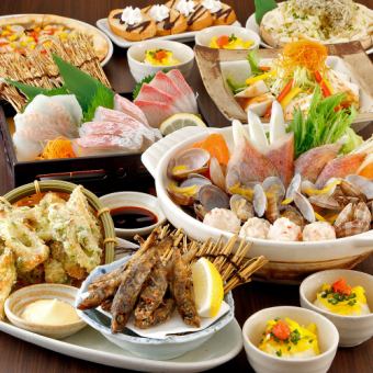 【海宴コース】刺身3種盛や柚子香る浅利の海鮮鍋・メヒカリ唐揚等が入った全8品+2H飲放付4000円