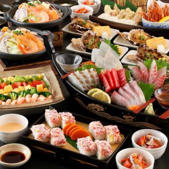 【宝漁コース】刺身五種舟盛りや海鮮漁師焼き・牡蠣の葱みそ焼きや蟹寿司等全8品+2H飲放付6000円