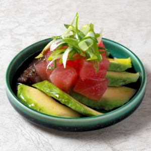 Red tuna and avocado with Kujo green onion and black olive sauce