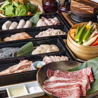 【90分飲放付＆お席時間制限なし】和牛ロースのすき焼き風・茶美豚のカルビ有 プレミアムコース