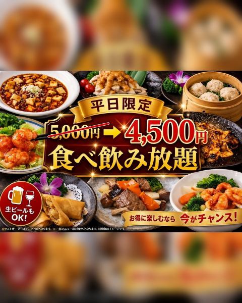 6月限定500円オフ!!本格中華50種以上!!120分食べ飲み放題 ★5000円→4500円※金祝前日200引き