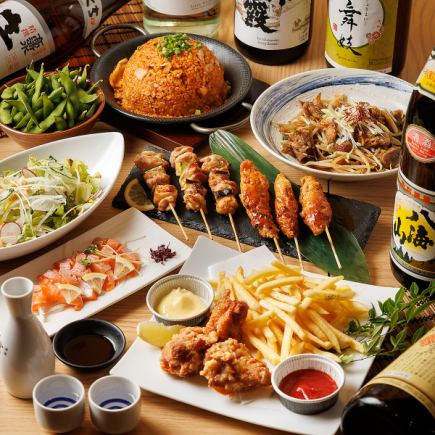 『激太鶏の鶏尽くしコース』炭火串焼き2種やチキン南蛮含7品 3時間飲み放題付 4000円⇒3000円