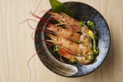 Raw red shrimp marinated in green chili soba sauce