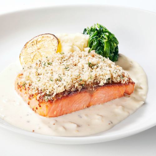 Salmon baked in crispy herb breadcrumbs with honey mustard