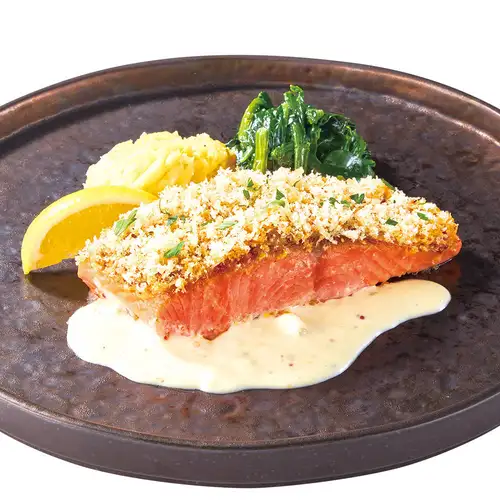 Crispy breaded salmon with homemade tartar sauce.