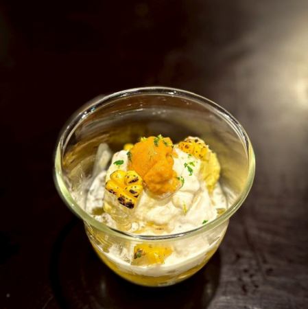 とうもろこしのムース　生湯葉と生雲丹