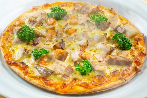 Seafood pizza with lots of ingredients
