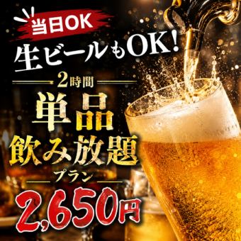 【当日OK】生ビールもOK!2時間単品飲み放題プラン【2650円】