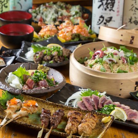 <飲み放題付き>牛ハラミ含む串3種やエビマヨ、マグロ炙りなど全8品『5,000円コース』