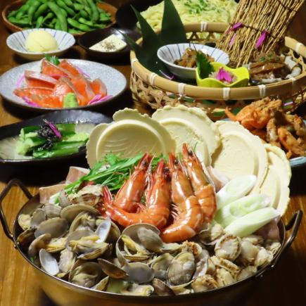 【青森仙贝汤火锅套餐】包含一茶风味海鲜味噌仙贝汤火锅,共10道菜,原价6,500日元 ⇒ 现价5,500日元