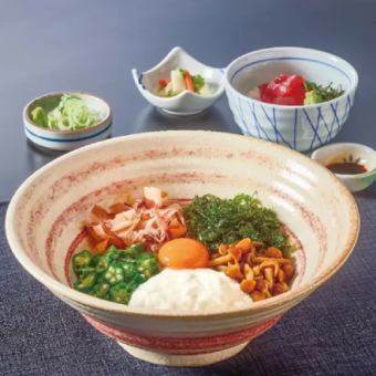 ≪自社製麺 更科そば≫ねばとろ更科そばとまぐろミニ丼セット