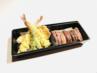 Premium meat sushi and shrimp tempura set