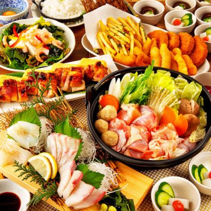 [Sakanaya] Hakata local chicken meatballs, young chicken chanko nabe, assorted sashimi, and other 8 dishes + all-you-can-drink for 4,000 yen