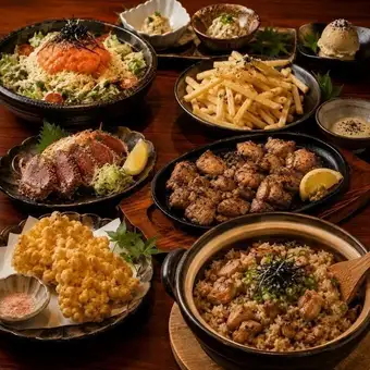 [For starters] 7-course Ebisu course with 2 hours of all-you-can-drink, including charcoal-grilled chicken thighs!