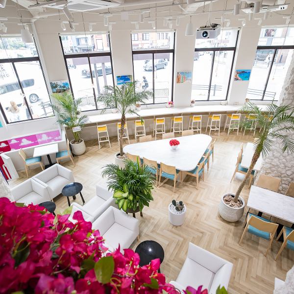 【テーブル席約70席】店内は南国のリゾート地にいるかのような雰囲気です！広々としたテーブル席は4名様がけや2名様がけなど約70席あり、友達や家族と一緒に楽しい時間を過ごすのに最適。プロジェクターで流れるハワイの美しい映像が、心をリラックスさせてくれます♪