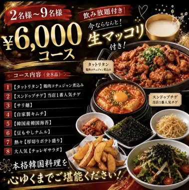 【2~9名様】2時間飲み放題付き★韓国宴会コース全8品6000円(税込)