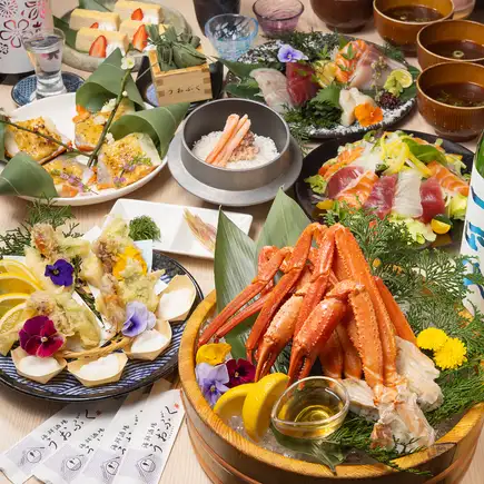 【団体宴会、女子会に◎】花束付き可能!蟹付き!うおぷく春の蟹贅沢コース〈全11品〉6000円