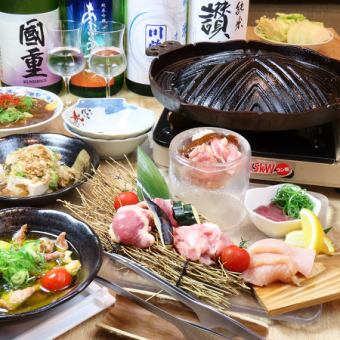 【2H飲み放題付】【鶏焼肉と鶏鍋コース】馬刺し2種、焼き鶏セット盛り等お料理8品5500円
