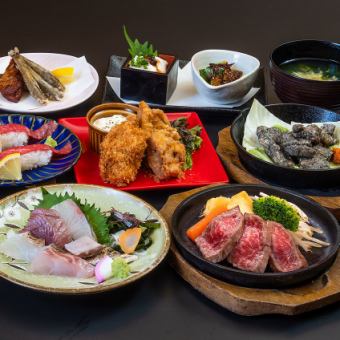 <Reservation required by the day before> Three-piece sashimi platter and Miyazaki beef steak local course♪ 2 hours all-you-can-drink included for 5,500 yen (tax included)