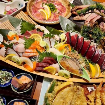 鮑＆お造り6種の舟盛り/藁焼き鰹/石焼き牛タン等全14品《魚均コース》2時間飲み放題付6,500円