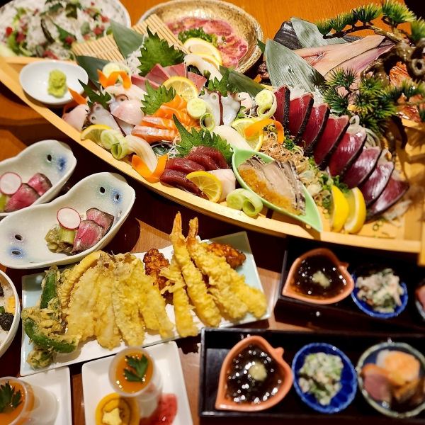 忘年会に☆海の幸たっぷり！豪華舟盛りお造りや石焼き牛タン、浜焼き等飲み放題付【海の幸コース】5,500円
