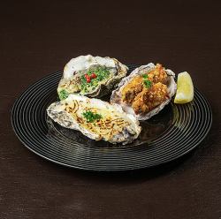 Assortment of three dishes (fried, gratin, grilled with garlic butter)