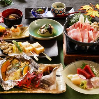 【下個月宴會】純餐6,000日元，生魚片、豬裡肌壽喜燒等8道菜品