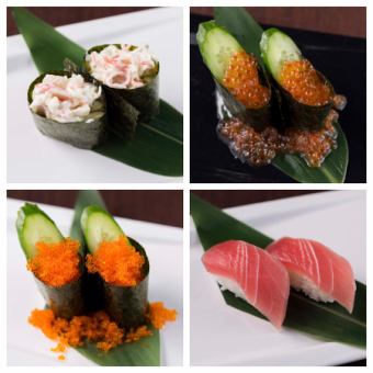 Spilled sea urchin sushi/spilled salmon roe sushi/salmon sushi/steamed shrimp sushi