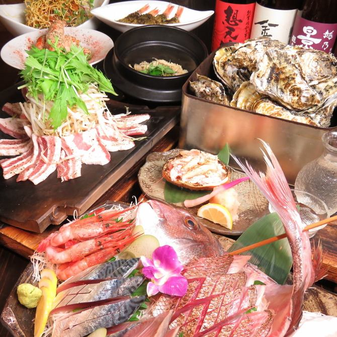 自慢の厚切り刺身の6点盛り のど黒 牡蠣 贅沢8品超欲張りコース5000円飲み放題 和 伊 の台所 五十八 いそはち