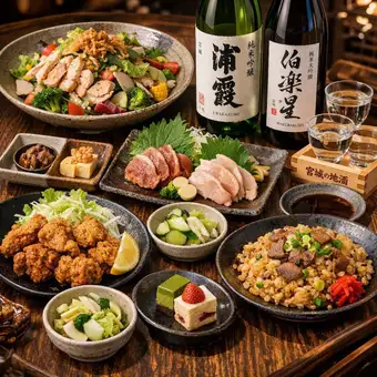 【入門コース】九州地鶏やいぶりがっこチーズ等全8品 3H飲み放題付き4000円(税込)