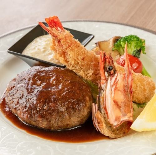 Hamburger steak and fried shrimp lunch