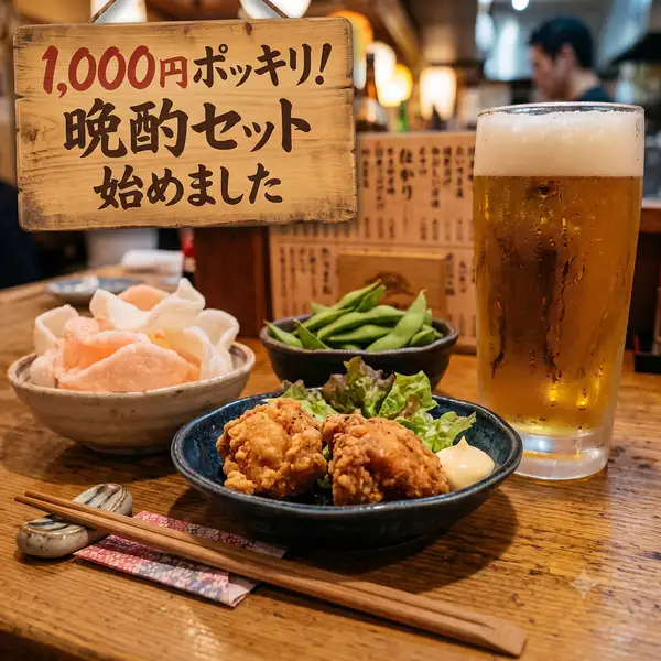 【1000円ポッキリ晩酌セット】唐揚げ+枝豆+えびせん+ドリンク1杯でお得なポッキリ価格1000円!