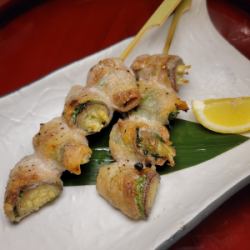 Vegetable-wrapped skewers of Umeri pork from Ibaraki