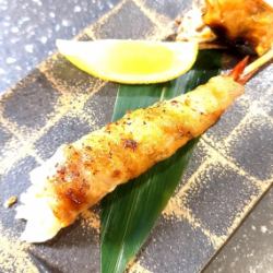 Tiger prawn and pork belly skewers