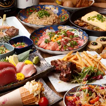 2時間飲み放題付◎最上級【名物食べつくしコース】和牛ユッケ・創作串・スペアリブ全10品 6000円
