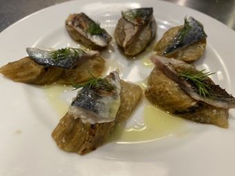 Marinated roasted sardines and grilled eggplant